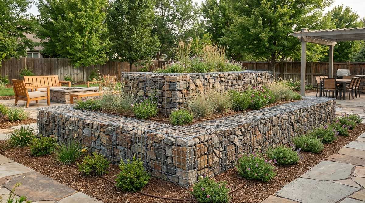 A modular gabion wall structure made from wire cages filled with locally quarried stones of varied sizes and colors, creating a permeable decorative wall or raised garden bed that allows water and air movement while adding visual texture to outdoor spaces.
