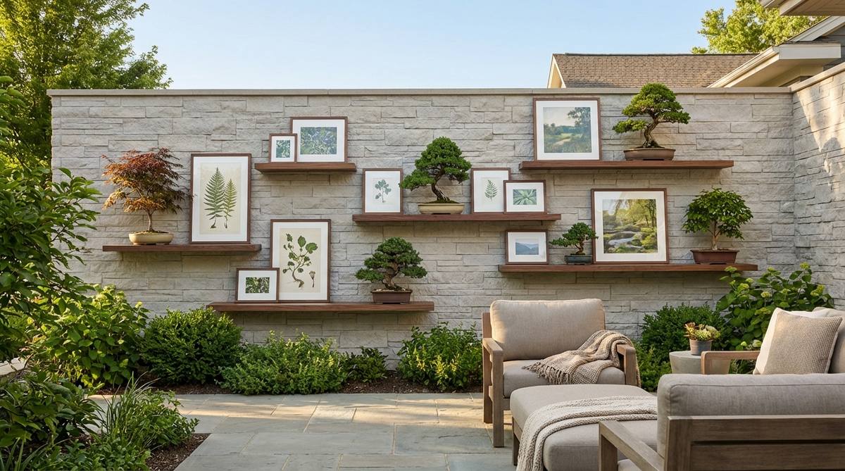 A modern gallery wall featuring floating shelves alternating between framed art and living bonsai trees. Walnut shelves coordinate with walnut frames, creating a unified aesthetic. The three-dimensional bonsai add depth to the flat artwork, with shelves positioned at varying heights for visual rhythm.