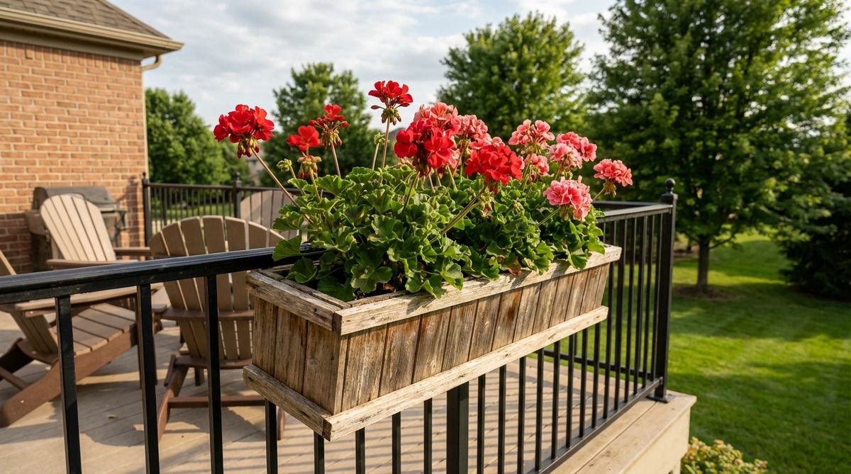 A classic geranium display in a railing container, showcasing upright growth with vibrant blooms, ideal for balcony decor with heat and wind tolerance.
