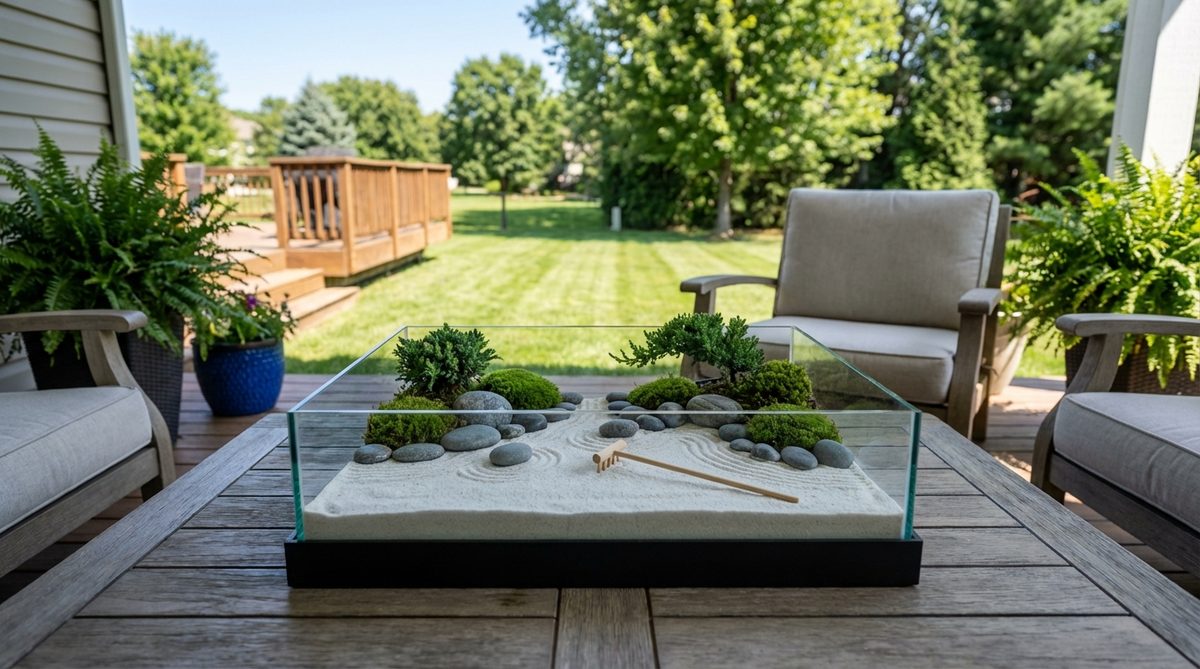 A modern Japanese garden feature: a raised glass-walled planter containing a miniature rock garden with white sand, stones, and dwarf plants, designed for tabletop display on balconies or patios to promote Zen principles and mindfulness through raking patterns.