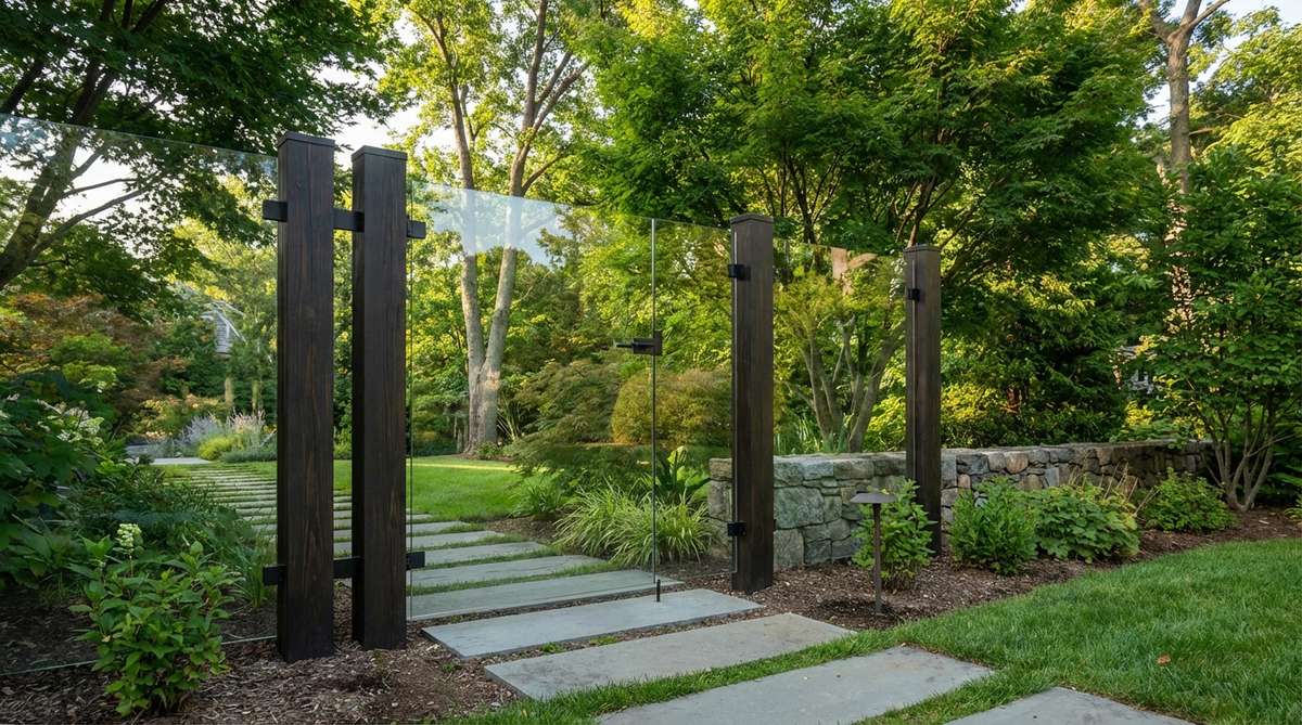 A contemporary Japanese garden gate featuring frameless glass panels that create nearly invisible boundaries while preserving garden views. The tempered safety glass uses minimal hardware and low-iron composition to maximize transparency, allowing light transmission and spatial definition without obstructing the surrounding landscape.