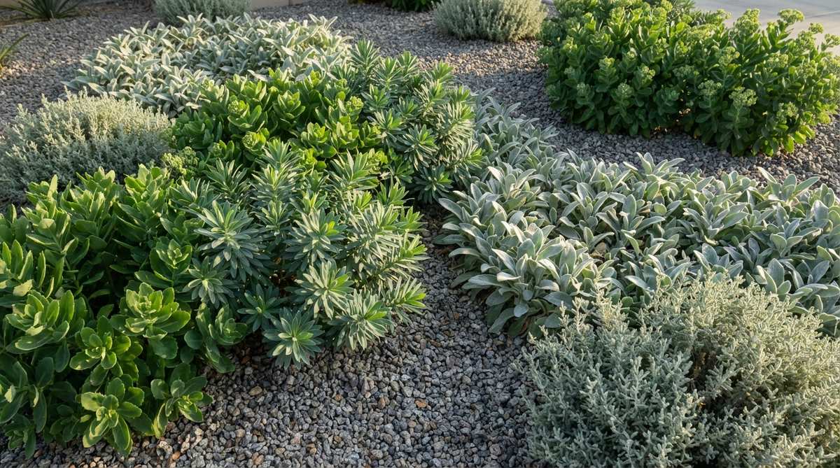 A close-up image of a gravel garden bed featuring a glossy-matte foliage mix, with shiny-leaved sedums or Mediterranean spurge contrasting against matte-textured lamb's ears (Stachys byzantina) or gray santolina. The composition highlights how light reflects differently off each surface, creating subtle depth in a monochromatic green scheme, with morning or late afternoon side-lighting emphasizing texture differences. Plants are grouped in patches to enhance visual impact.