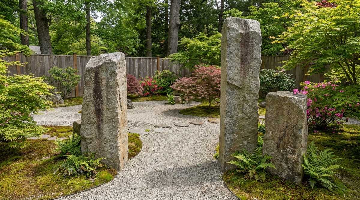 A pair of vertical stones flanking a garden path entrance, marking a transition between zones in a Zen garden. The stones are similar in character but asymmetrical in dimensions, framing views and defining thresholds as sentinels.