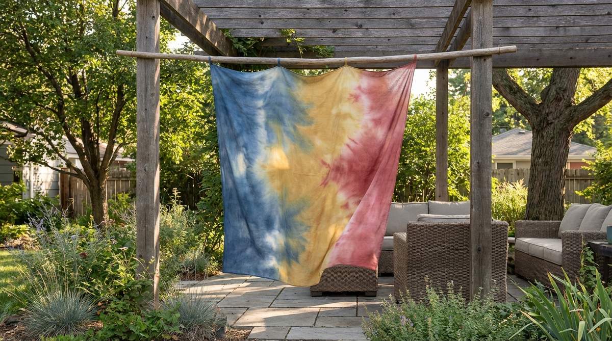 A hand-dyed textile art piece featuring naturally dyed fabric with subtle color gradations from plant-based dyes like indigo, turmeric, or madder root. The organic tonal shifts create visual interest in earthy boho decor, framed in simple wood or hung from wooden dowels to maintain palette cohesion.
