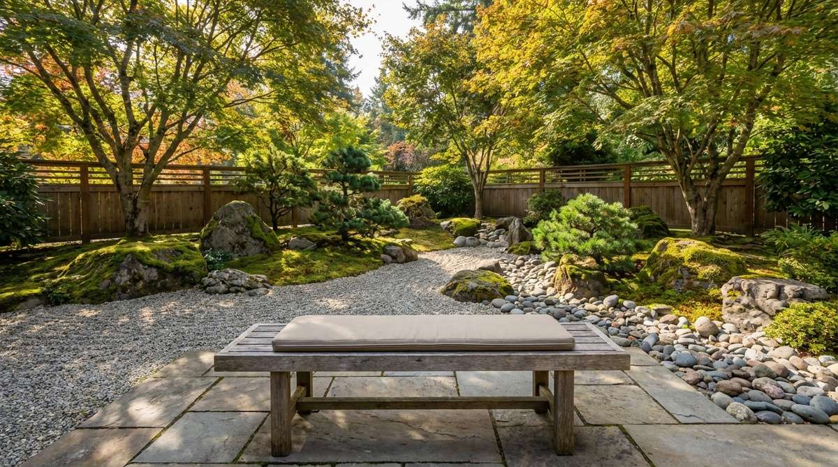 A meditation bench positioned in a Japanese stone garden, designed for viewing from a single seated vantage point. Stones are arranged along sight lines from the bench, creating a composition that fully reveals itself only from the intended meditation posture, serving as a functional tool for contemplative practice.