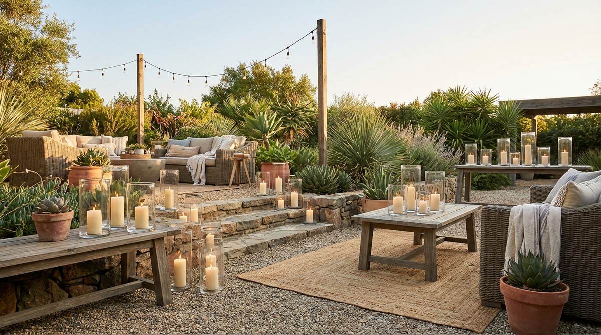Glass hurricane lanterns arranged at varying heights to protect candle flames and create glowing focal points in a boho garden. The transparent cylinders showcase flickering light without obstruction, ideal for clusters on tables, steps, or ground-level groupings.
