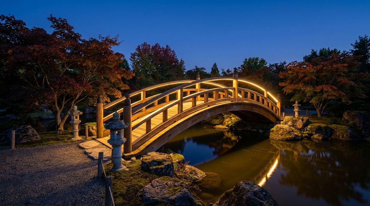 An illuminated evening bridge in a Japanese garden, featuring warm LED lighting along railings and deck edges, transforming the structure into a nighttime lantern over dark water for safe passage and extended garden use.