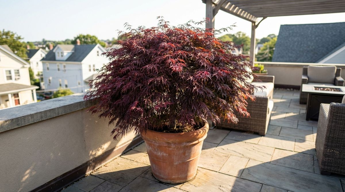 A dwarf Japanese maple tree thriving in a balcony container, showcasing its delicate lacy foliage in vibrant red or purple hues. The compact variety like 'Crimson Queen' or 'Shaina' is perfectly suited for urban balcony gardening, adding four-season visual interest with partial shade tolerance.