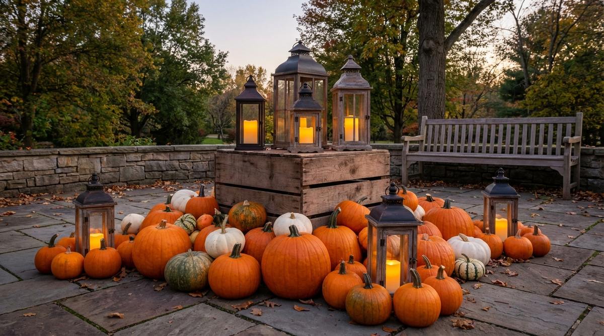 A fall outdoor decor arrangement featuring traditional metal or wooden lanterns paired with clusters of pumpkins and gourds. The lanterns are positioned at the center of pumpkin circles or elevated on crates, creating a mixed-media lighting display. LED candles inside the lanterns provide safe, weather-resistant illumination that contrasts beautifully with the organic shapes of the pumpkins.