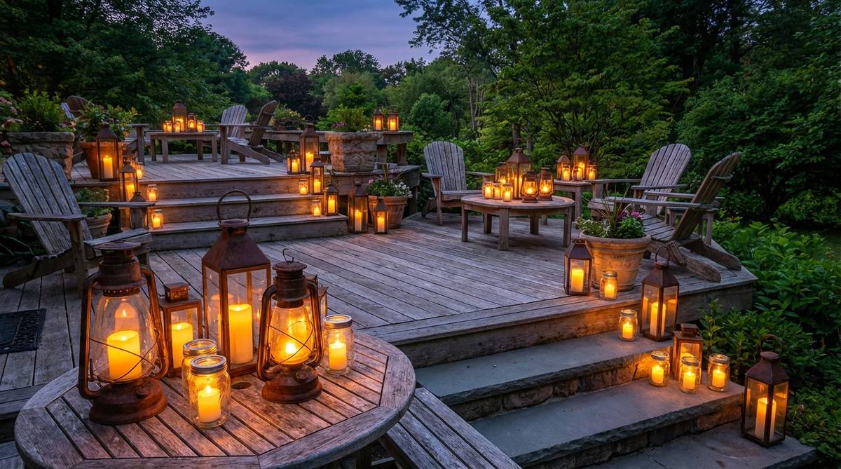 Clustered lanterns and battery-operated LED candles arranged on outdoor deck tables and steps, creating warm, flickering lighting. Metal and glass lanterns of various sizes and heights provide dimensional interest and weather-resistant decor for intimate seating areas.
