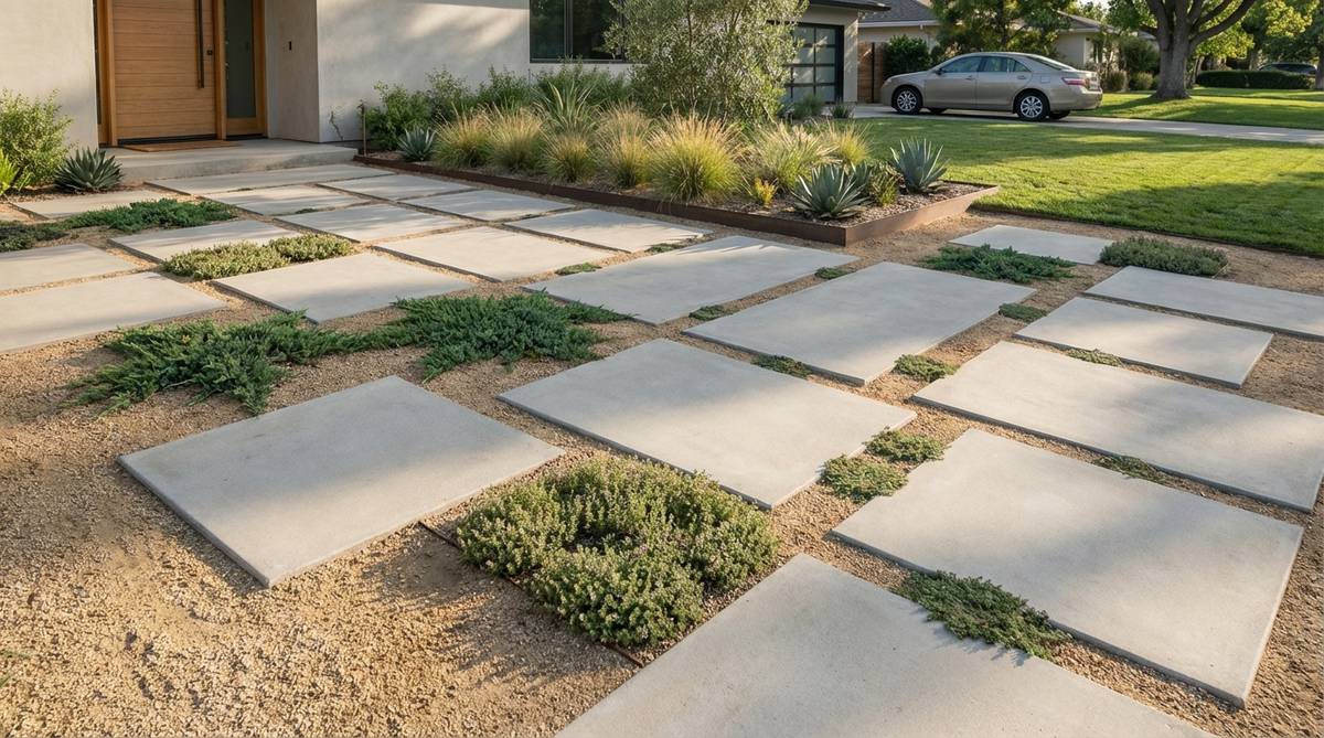 A contemporary front yard design featuring oversized concrete pavers in a modular grid pattern, with 24-inch or 36-inch formats creating clean lines. The joints are filled with decomposed granite or groundcover to soften the appearance, reducing visual busyness for a modern, intentional look. Ideal for entry courts, driveway approaches, or parking areas, this design combines durability for vehicle loads with pedestrian-scale visual interest.