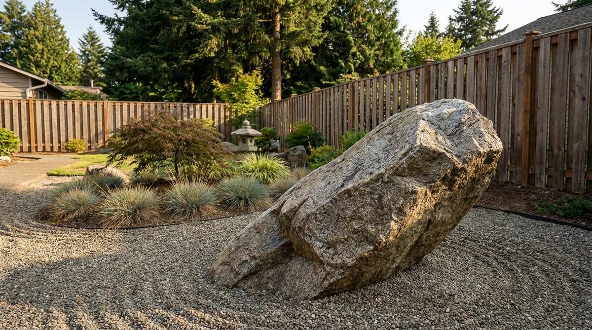 A substantial boulder installed at a deliberate 15-20 degree angle in a zen garden, creating visual tension and dynamic movement while directing attention toward other garden elements.