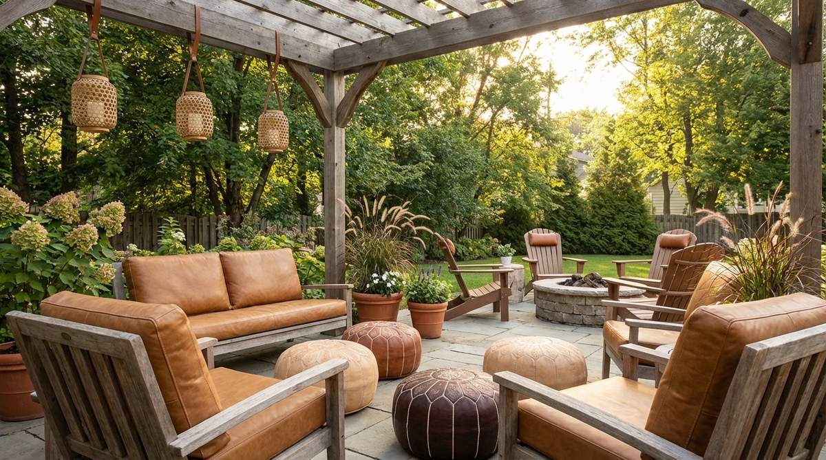 A boho-style interior featuring leather accents such as Moroccan poufs, cushions, chair seats, and decorative straps, showcasing tooled, dyed, and natural leather finishes that add texture and durability to the decor.