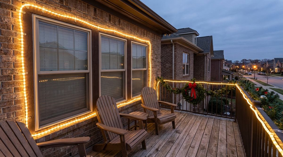 A balcony decorated for Christmas with LED rope lights outlining window frames, creating glowing architectural accents. The lights are secured with outdoor adhesive clips along window trim, available in pure white for modern style or warm white for traditional appeal. This lighting coordinates with balcony railing lights to provide unified illumination across all visible surfaces.