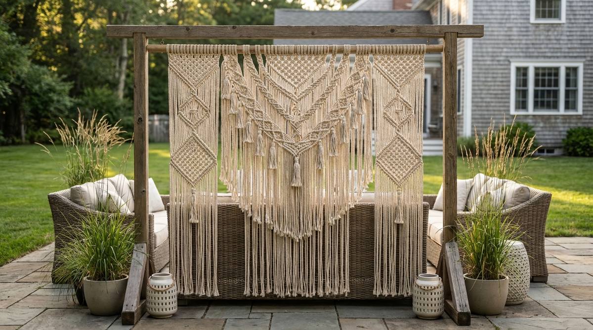 A large-scale macrame tapestry mounted on a wooden frame, featuring intricate geometric knotwork patterns. This textural backdrop creates visual interest for boho party decorations and portrait photography, with proper lighting highlighting the dimensional rope work.