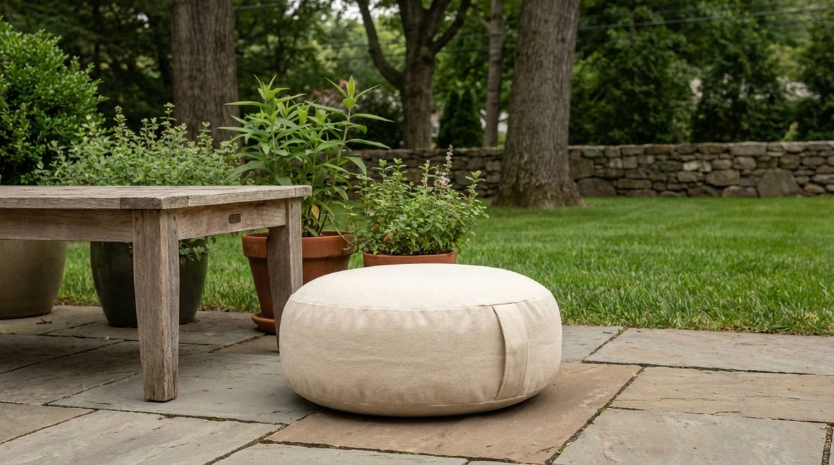 A round zafu-style meditation floor pillow with ergonomic design, ideal for boho garden furniture setups. Features buckwheat hull or kapok filling for shape retention and comfort, perfect for yoga, reading corners, or outdoor seating with removable, washable canvas covers.