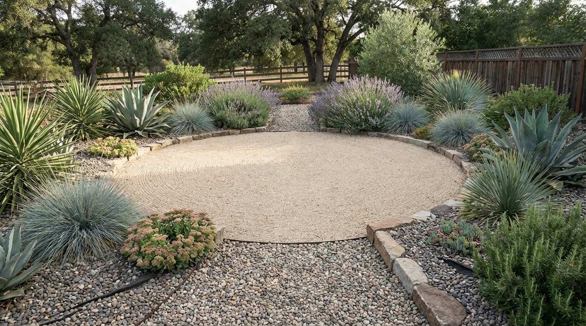 A circular gravel clearing within a planted gravel garden, creating a defined contemplative space for meditation or yoga practice. The neutral gravel surface is raked smooth to minimize visual distraction, with landscape fabric underneath and surrounding drought-tolerant plants.