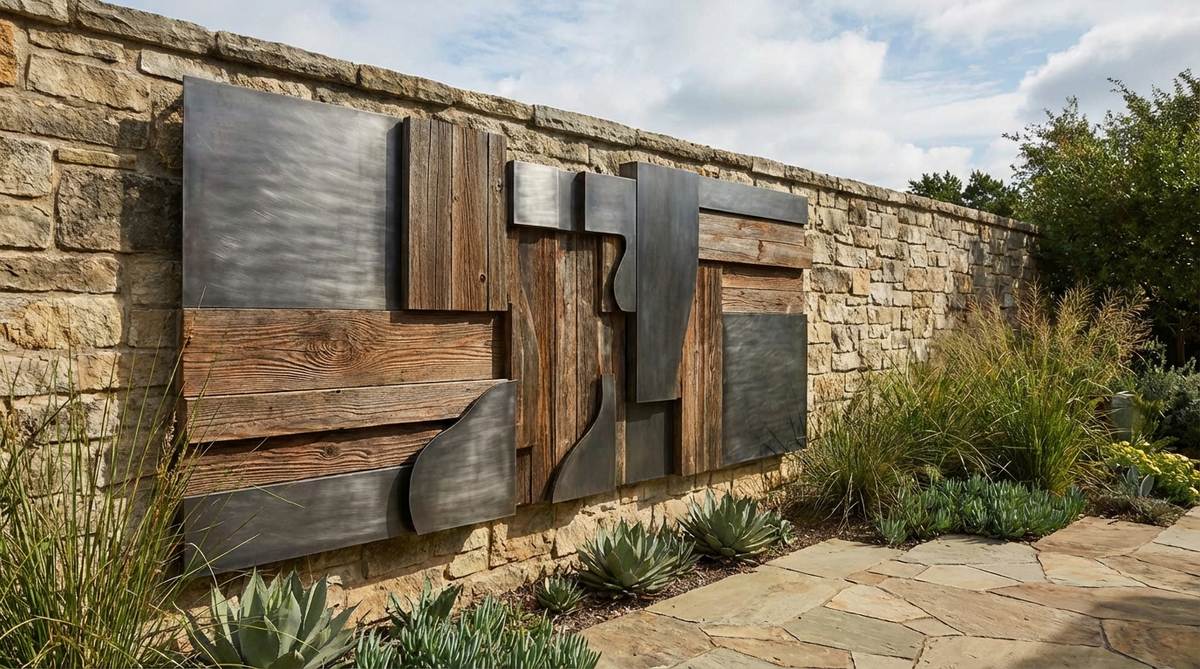 An outdoor wall sculpture featuring a striking combination of metal and wood materials. The piece showcases the contrast between hard metal edges and organic wood grain textures, creating visual interest through opposing materials and natural color tones. This mixed-material art piece is designed for outdoor decor walls, with wood components treated for weather resistance while maintaining their natural appearance.