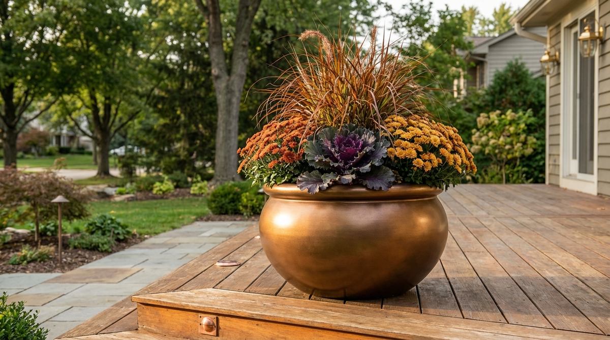 A bronze-finished planter in resin or metal, featuring a metallic sheen that catches light and adds warmth to modern outdoor decor. Ideal for autumn-toned plantings and coordinating with warm wood decking or brass and copper exterior fixtures.