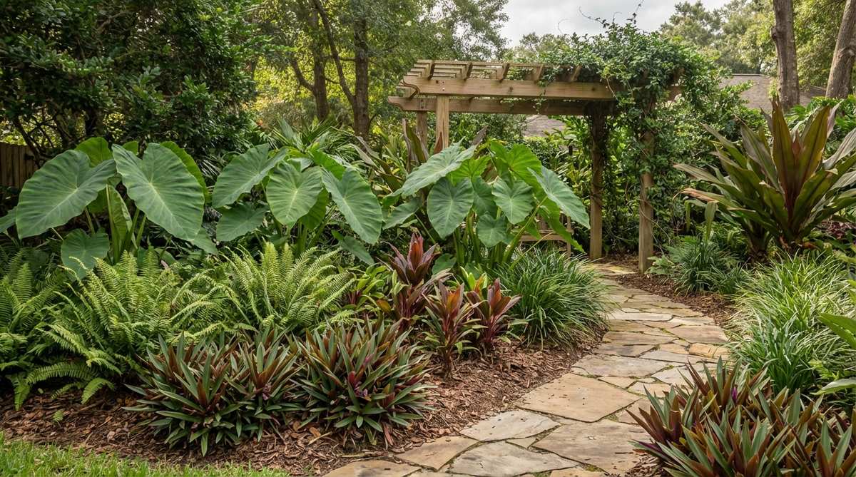 A lush tropical garden scene showcasing mixed foliage texture layering, featuring fine-textured ferns combined with broad elephant ears and strappy cordylines. The contrasting leaf forms create visual complexity within layered plantings, demonstrating how grouping odd numbers of each texture creates a natural appearance with repeated textures throughout the space for design cohesion.