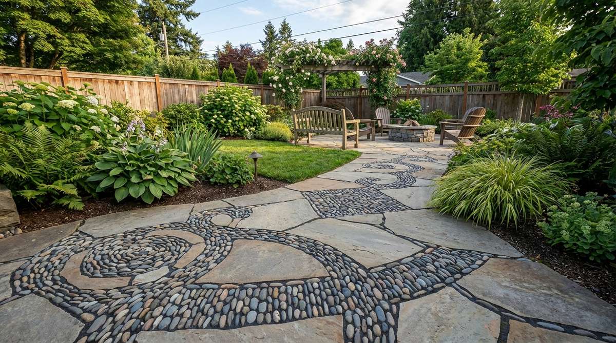A decorative garden pathway featuring small river pebbles arranged in artistic mosaic patterns between larger flagstone pieces. The pebbles are set vertically in mortar or sand, creating durable geometric or organic designs that transform utilitarian paths into landscape focal points. This labor-intensive technique originated in ancient Roman and Asian garden traditions and adds custom artwork to stone garden paths.