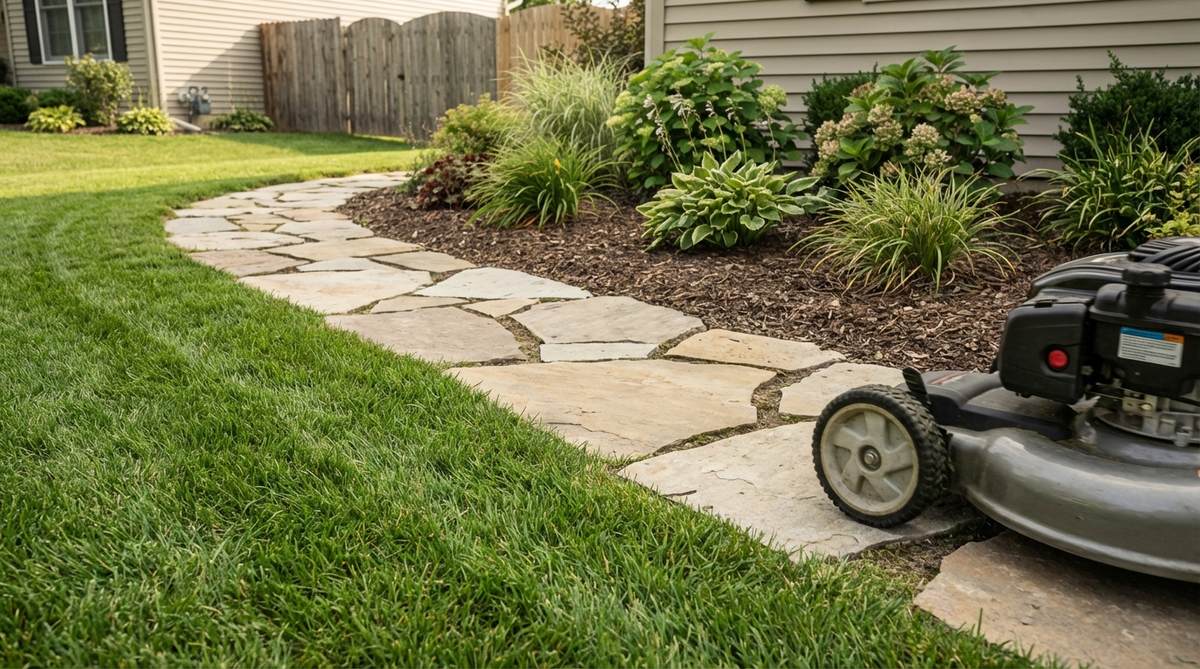 Flat stones positioned flush with lawn grade to create a mowing surface that eliminates trimming, with mower wheels rolling onto the stone for precise grass cutting at the bed edge.