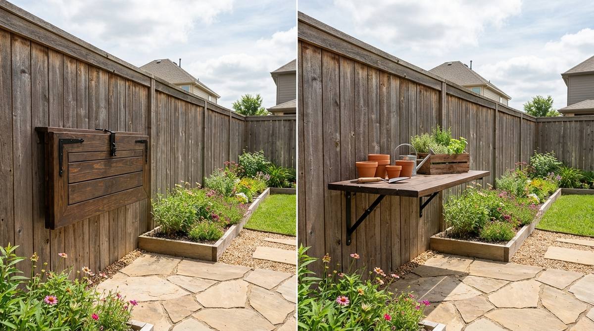 A wall-mounted fold-down table installed on a garden fence, shown in both stowed and deployed positions. The table folds flat against the fence when not in use, saving space, and swings down to create a functional surface for dining or gardening tasks. The image illustrates how this space-saving solution provides a 4-foot table that serves six people while occupying minimal space in a small backyard garden design.