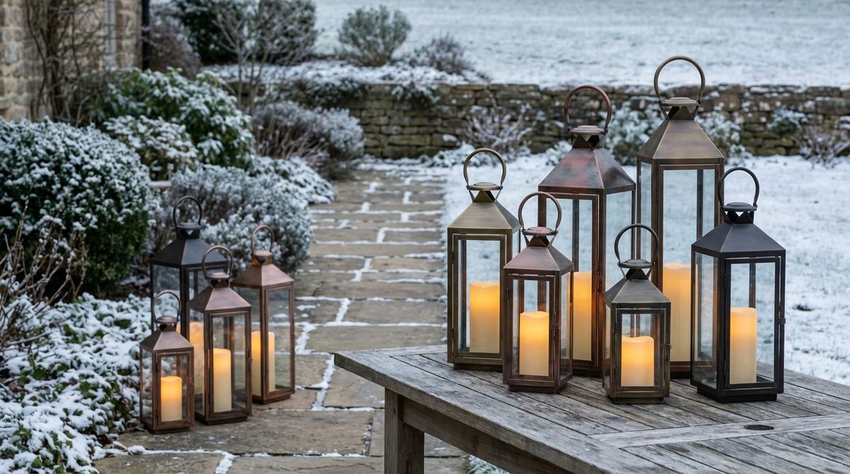 A cluster of metal lanterns in bronze, copper, and aged finishes, holding pillar candles or LED alternatives, arranged on an outdoor table and along a pathway during winter. The lanterns vary in height from 12 to 24 inches, grouped in odd numbers, with battery-operated candles used in windy conditions for consistent lighting.