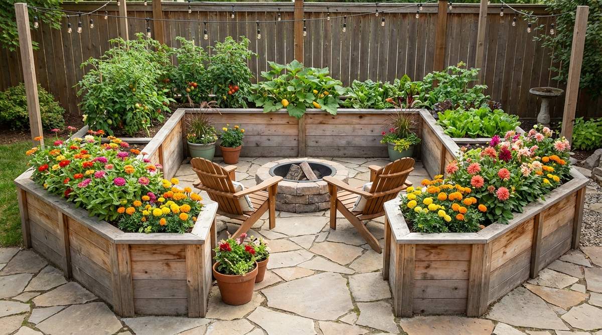 A U-shaped raised bed arrangement on a small patio, featuring vegetables in the back arms and cut flowers at the front, creating an immersive garden room with seating in the center.