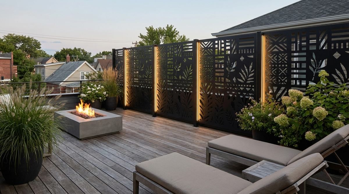 A decorative perforated metal screen for balcony walls, featuring custom patterns that provide privacy while allowing airflow and light. Powder-coated in matte black or bronze, it suits contemporary and urban loft designs, with backlighting options for nighttime ambiance.