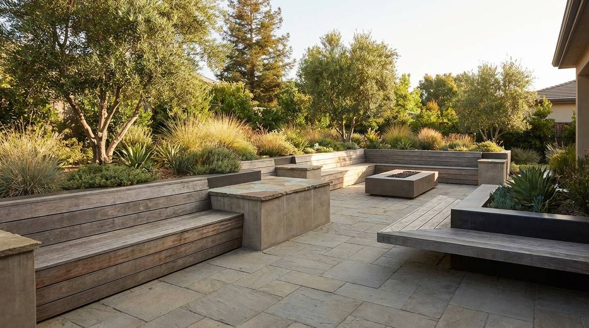 A continuous bench seating arrangement wrapping around the edges of a modern garden or patio, defining the space and maximizing seating capacity. Features varied bench heights to indicate entrances or focal views, capped with contrasting materials for visual interest.