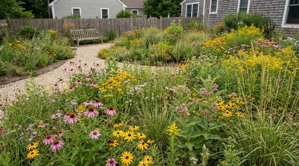A vibrant pollinator meadow mix featuring native wildflowers and grasses that support diverse insect populations, offering a low-maintenance alternative to traditional lawns with regional seed mixes and annual winter mowing.