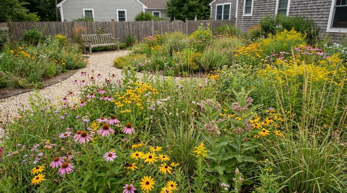 A vibrant pollinator meadow mix featuring native wildflowers and grasses that support diverse insect populations, offering a low-maintenance alternative to traditional lawns with regional seed mixes and annual winter mowing.