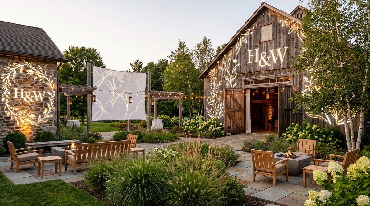 Digital projection mapping displays custom patterns, monograms, or animated designs onto barn walls, stone facades, or large fabric screens at an outdoor wedding venue, creating dynamic decor changes for events in 2026.