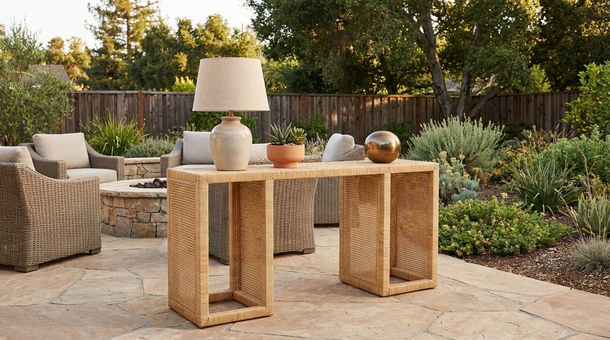 A modern rattan console table with clean geometric lines, featuring woven cane texture that adds bohemian warmth to contemporary decor. Styled minimally with a table lamp, small plant, and decorative object.