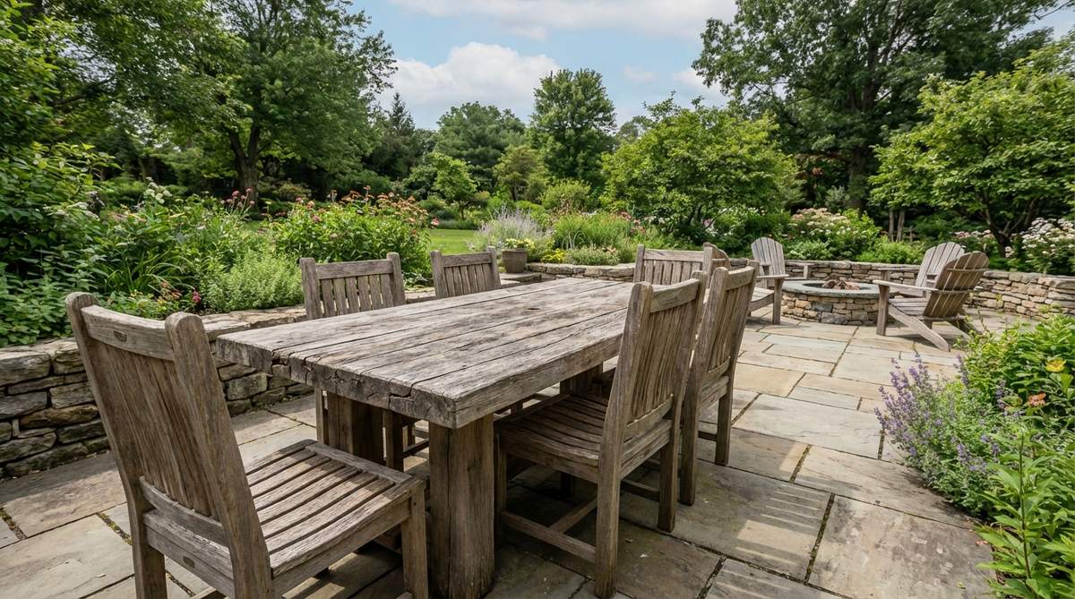 A rustic reclaimed teak dining group for outdoor use, featuring distinctive grain patterns and weathering marks that showcase its history. This heavy, stable furniture piece is ideal for cottage and farmhouse gardens, with reinforced structural elements for durability.