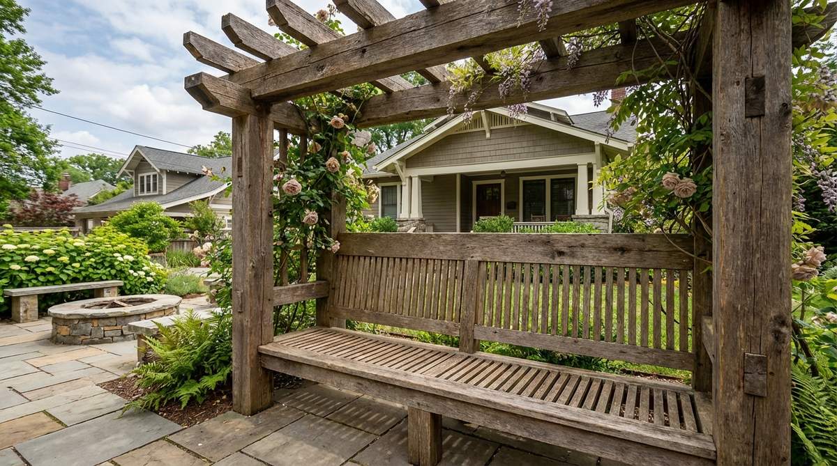 A rustic garden bench constructed from reclaimed timber, integrated into a pergola structure with mortise-and-tenon joinery. The weathered wood shows rich patina from exposure, with slatted seating featuring drainage gaps for durability in outdoor settings.
