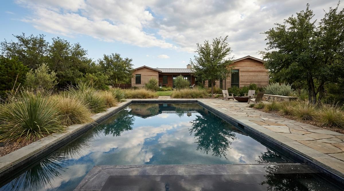A minimalist garden reflecting pool with black interior creating a mirror effect that reflects the sky and surrounding elements, emphasizing stillness and calm while visually expanding the space without physical expansion.