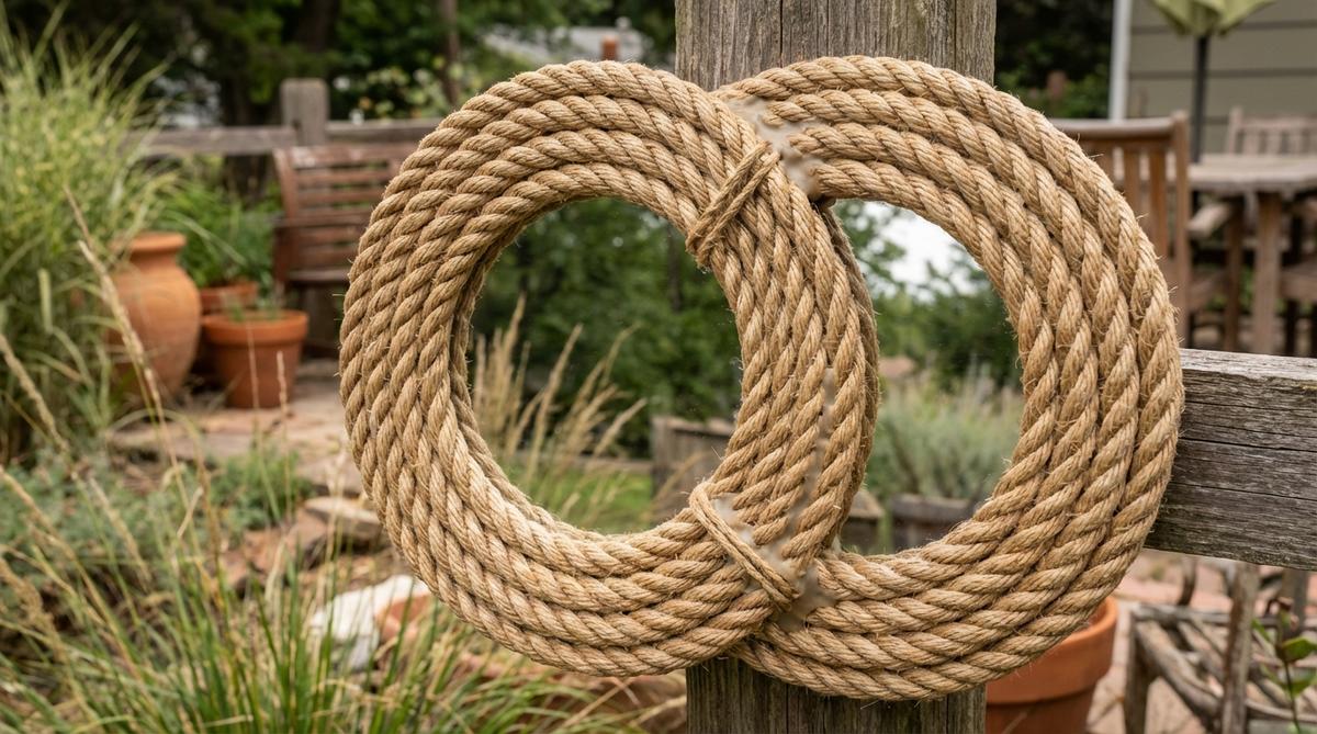 A close-up photo of a western boho decor rope mirror frame, showcasing thick nautical rope tightly coiled around a basic mirror perimeter using hot glue. The natural fiber texture adds dimension and softens the reflective surface while maintaining functionality, finished with matte sealant to prevent fraying.