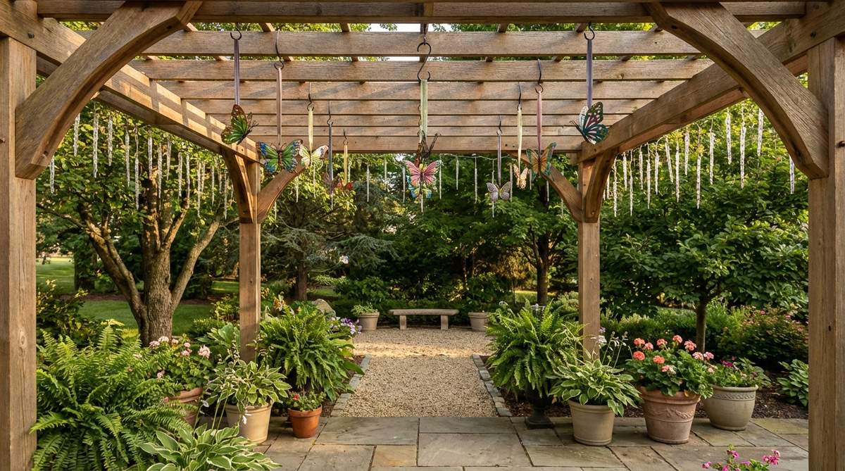 A vibrant hanging ornament display on a pergola, featuring interchangeable seasonal decorations like spring butterflies and winter icicle lights, with removable hooks and ribbon loops for easy rotation, showcasing a fresh garden decor look throughout the year.