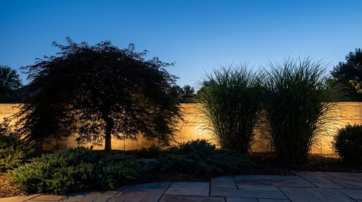 A dramatic silhouette effect created by backlighting outdoor plants against an illuminated wall, emphasizing form over color and texture, ideal for architectural specimens like Japanese maples and ornamental grasses.