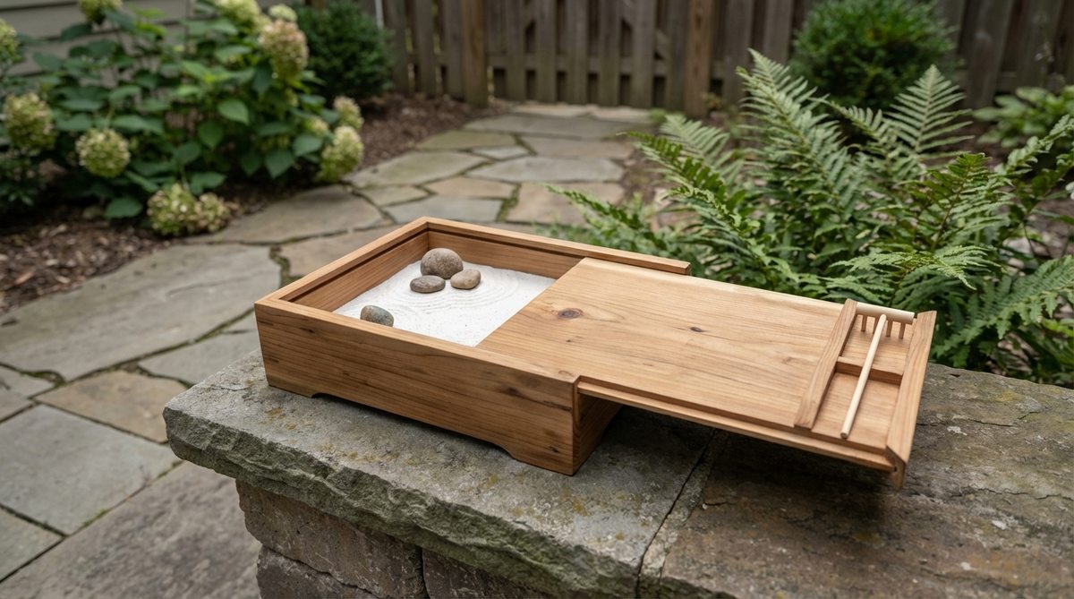 A wooden box miniature zen garden with sliding lid that protects the sand when not in use. The lid slides underneath the base during meditation sessions, keeping sand dust-free in open office environments. The lid's underside provides storage for the rake and extra stones.