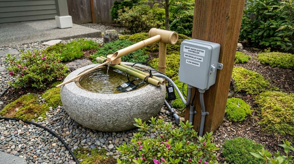 A modern smart controller system integrated into a Japanese garden water feature, showing WiFi-enabled pumps and sensors that allow remote operation via smartphone apps for adjusting water flow, setting schedules, and receiving maintenance alerts.