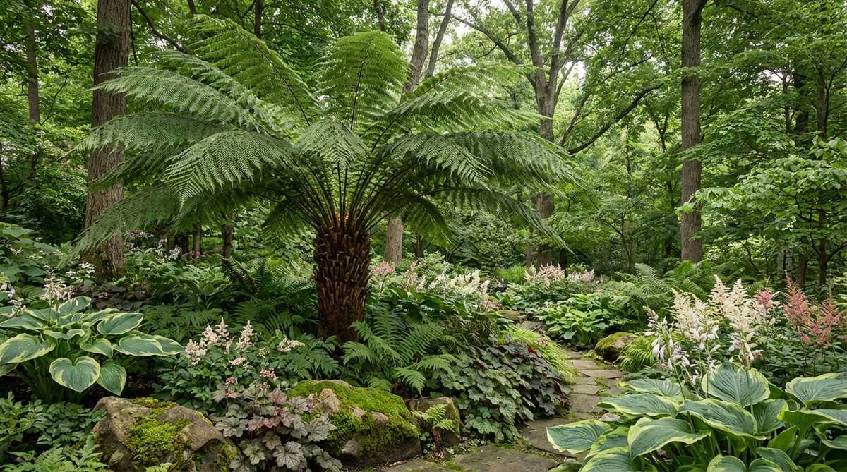 A lush, shaded garden scene featuring a Soft Tree Fern (Dicksonia antarctica) with its massive arching fronds and fibrous trunk, creating a dramatic jungle atmosphere. The plant adds height and texture to a woodland planting, surrounded by shade-loving perennials in a moisture-rich, sheltered location.