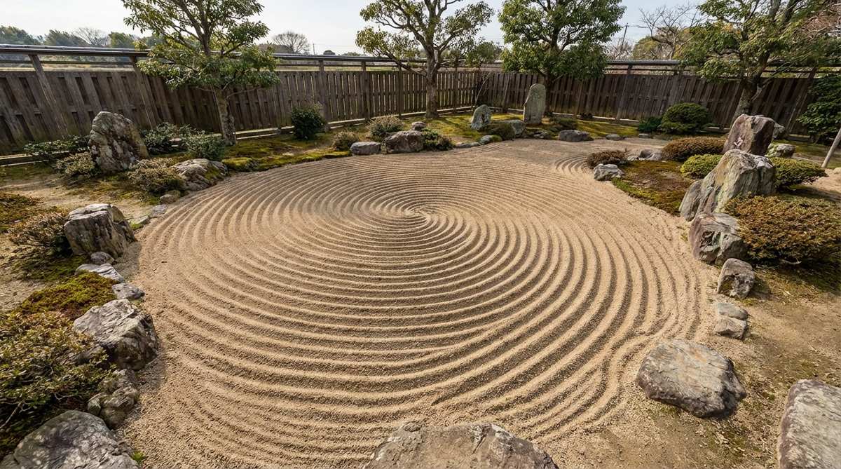 A detailed view of a spiral vortex pattern raked into the sand of a Japanese Zen garden, showing continuous smooth curves radiating from the center outward with consistent spacing between arms. The pattern creates a dynamic vortex effect that draws the eye inward, evoking natural forms like shells and galaxies.