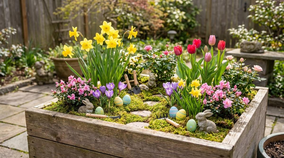 A miniature fairy garden scene featuring spring bulbs like daffodils, crocuses, and tulips emerging through moss, with Easter accessories such as painted eggs and bunny figurines, complemented by fairy azaleas and miniature roses.
