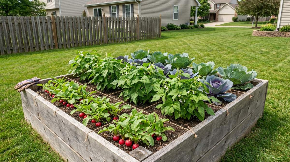 A diagram showing a 4x4 raised garden bed divided into sixteen 1-foot squares, each containing different vegetables like radishes, bush beans, and cabbage to demonstrate intensive planting for maximum space efficiency.
