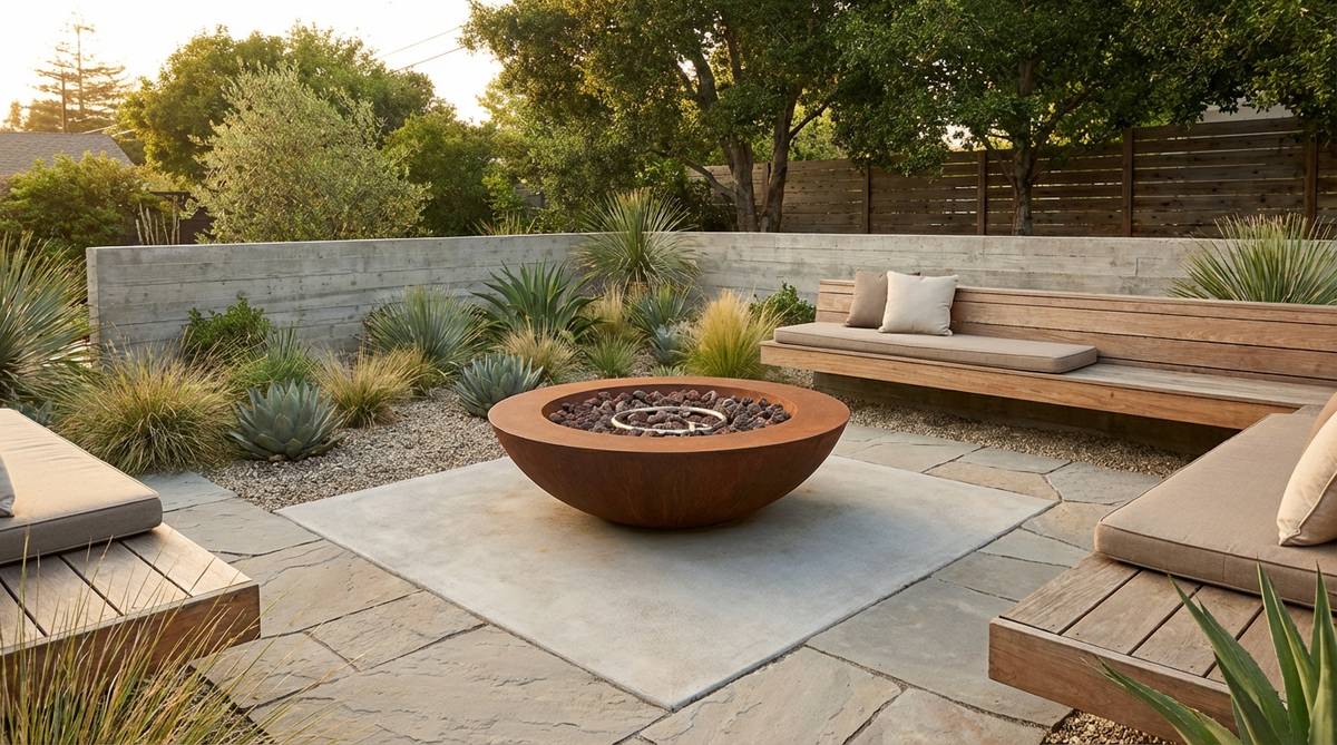 A circular weathering steel fire bowl positioned on a concrete pad in a mid-century modern garden setting, surrounded by fire-rated pavement and seating area. The clean-lined fire feature uses propane or natural gas fuel for smoke-free operation, serving as a gathering focal point with proper safety spacing from seating edges.