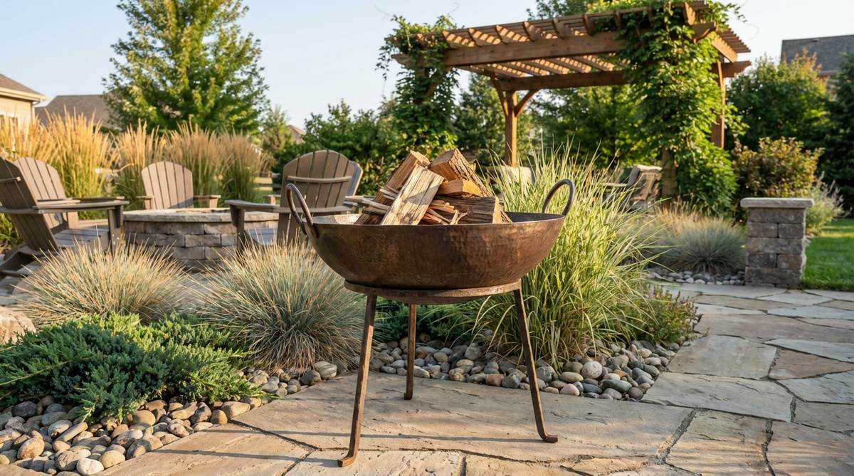 A rustic steel kadai fire bowl, repurposed from Indian-style cookware, featuring hammered construction and a three-leg stand for garden decor. This versatile piece serves as a functional fire feature for wood or gas fires, providing excellent heat radiation, and can also be used as a planter during warm seasons. Its portable design allows for easy seasonal relocation, adding authentic character to outdoor spaces.