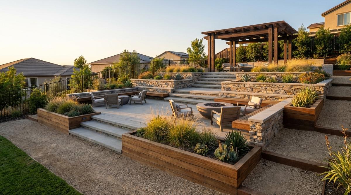 A modern garden design featuring tiered amphitheater seating with clean geometric lines, built from materials that integrate with surrounding hardscape. The stepped platforms create functional gathering spaces with clear sight lines, ideal for sloped garden sites requiring terracing.